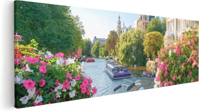 Artaza Canvas Schilderij Grachten Amsterdam - 60x20 cm - Muurdecoratie Bloemen - Wanddecoratie Fiets - Kamer Accessoires Woonkamer