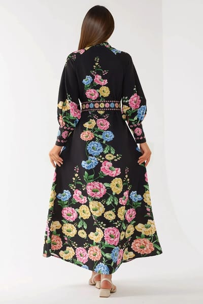 Geprinte Lange Mouwen Maxi Dress met Riem