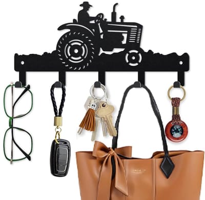 Dailygoods- Sleutelhaak met tractor boer motief - Wandmontage - Decoratieve haak - 12 x 25 cm - Zwart - Origineel ontwerp - Wandhaak