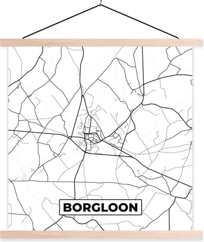 Posterhanger incl. Poster 40x40 cm - Schoolplaat - Stadskaart – Zwart Wit - Kaart – Borgloon – België – Plattegrond - Textielposter - Blanke latten - Stadskaart