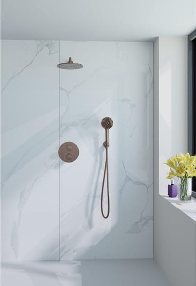 FugaFlow Eccelente Acces Inbouw Regendoucheset - rond - thermostatisch - wandarm - 25cm hoofddouche - ronde handdouche - Geborsteld koper PVD (Koper)