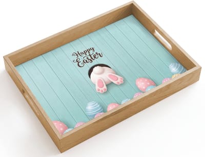 Dienblad hout 40x30 cm - Schootdienblad - Paashaas - Paaseieren - Blauw - Happy Easter - Borrelplank rechthoek - Plateau dienbladen