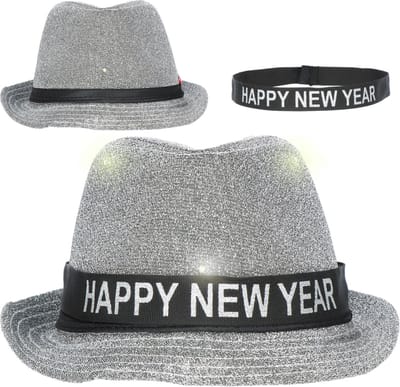 Folat - Trilby Hoed 'Happy New Year' Zilverkleurig met LED