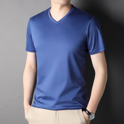Effen Kleur Moerbeizijde T-shirt met Korte Mouwen Heren Ronde Hals Gemerceriseerd Katoen Halflange Mouwen Heren Dun Trendy T-shirt L blue
