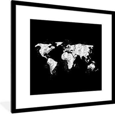 Poster in lijst - Fotolijst 40x40 cm - Posters - Wereldkaart - Marmer - Zwart - Wit - Posterlijst zwart - Decoratie - Wanddecoratie woonkamer - Muurdecoratie slaapkamer