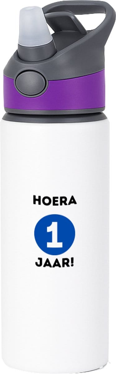 Hacebo® - Hoera 1 jaar waterfles met rietje paars - Verjaardag - 1 jarigen - gefeliciteerd - verjaardagscadeau - klein kadootje - gift - geschenk - kado voor een baby - kado voor een peuter - water fles - 650ML