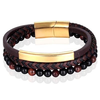 Heren armband Memphis Tijgeroog kraal gevlochten leer Goudkleurig Bruin - 19cm