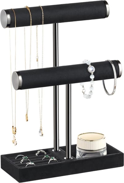 2-laagse Sieraden Organizer in Zwart, Verwijderbare T-vormige Sieradenstandaard, Ideaal voor Armbanden, Kettingen, Horloges en Ringen
