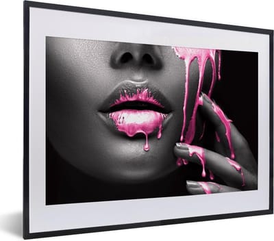 Fotolijst incl. Poster - Lippen - Roze - Zwart - 40x30 cm - Posterlijst