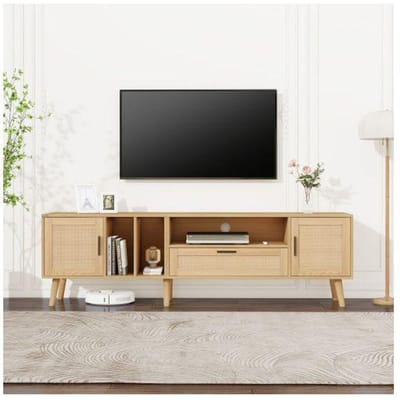 Meuble TV - MUVOE - 180 cm - 2 portes en rotin - 1 tiroir - Bois massif