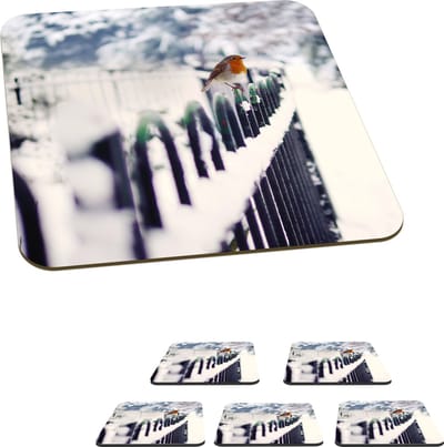 Onderzetters voor glazen - Sneeuw - Roodborstje - Hek - 10x10 cm - Glasonderzetters - 6 stuks