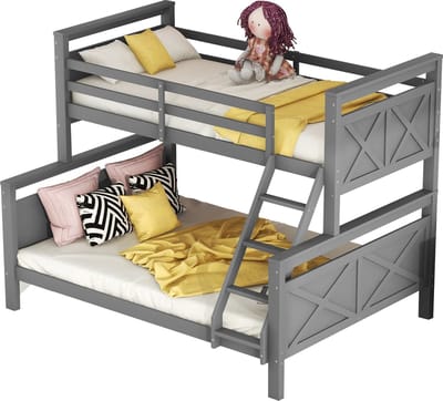 Merax Stapelbed met Ladder en Veiligheidshek - Omvormbaar naar Twee Losse Bedden - Houten Bedframe 90(140)x200 cm - Grijs