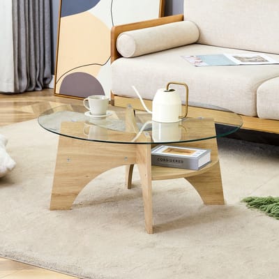 DESMIU Ronde Salontafel - Transparant Veiligheidsglas Met Fijn Fächer Vormig Onderstel - Voor Woonkamer En Balkon - MDF En Glas - Ø 80 X 36 Cm - Transparant En Houtkleur