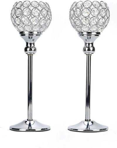 Kristallen Kaarshouders - Kandelaars - Tafel Decoratie - Verzwaarde Basis - 300mm Hoog - Zilver