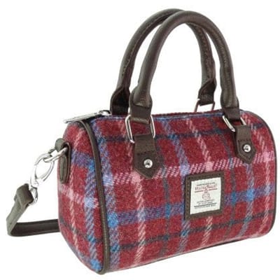 Bowlingtas mini Kilbride Bordeaux rood met roze blauwe ruit - 17x 20x11 - Harris Tweed - Glen Appin of Scotland