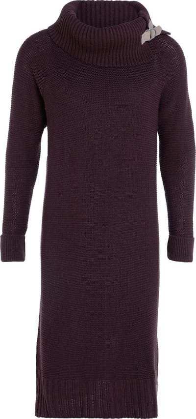 Knit Factory Jamie Gebreide Dames Jurk - Trui jurk dames - Wollen jurk - Herfst- & winterjurk - Wijde jurk - Met warme opstaande kraag - Aubergine - 40/42 - Knielengte