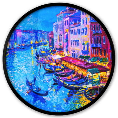 Poster in lijst Rond - Fotolijst 40x40 cm - Posters - Schilderij - Italië - Boot - Water - Architectuur - Ronde posterlijst zwart - Decoratie - Wanddecoratie woonkamer - Muurdecoratie slaapkamer