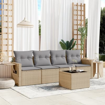 vidaXL - 5-delige - Loungeset - met - kussens - poly - rattan - beige