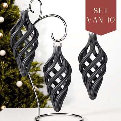 Fleuriek – Luxe Spiraal Kerstballen – Mat Zwart, Set van 10 – Chique Kerstornamenten – Onbreekbaar & Herbruikbaar – Luxe Kerstdecoratie in Trendkleur