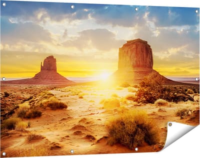 Gards Tuinposter Zonsondergang in Woestijn Monument Valley - 120x80 cm - Tuindoek - Tuindecoratie - Wanddecoratie buiten - Tuinschilderij