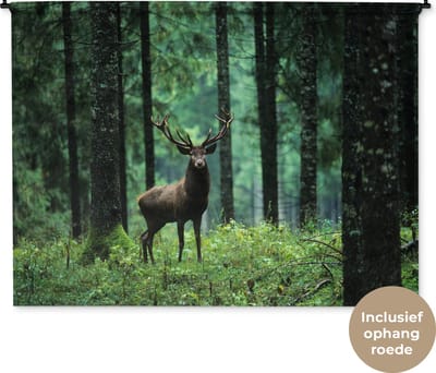 Wandkleed - Wanddoek - Hert - Bos - Bomen - Dieren - Natuur - 180x135 cm - Wandtapijt