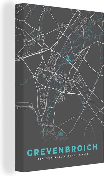 Canvas Schilderij Stadskaart – Kaart – Grevenbroich – Blauw – Duitsland – Plattegrond - 20x30 cm - Wanddecoratie