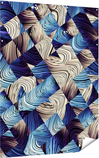 Gards Tuinposter Abstracte Kunst met Blauwe en Gouden Ruiten - 120x160 cm - Tuindoek - Tuindecoratie - Wanddecoratie buiten - Tuinschilderij