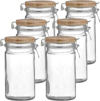 Urban Living Voorraadpot/bewaarpot - 10x - 1L - glas - met beugelsluiting - bamboe deksel