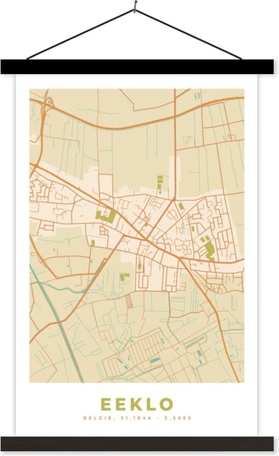 Posterhanger incl. Poster 40x60 cm - Schoolplaat - Retro - Plattegrond - Stadskaart - Kaart - België - Textielposter - Zwarte latten - Stadskaart