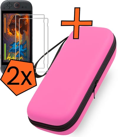 Hoesje Geschikt voor Nintendo Switch 2 Hoes Bescherm Case Hardcover Polsbandje Met 2x Screenprotector - Hoes Geschikt voor Nintendo Switch 2 Case - Roze