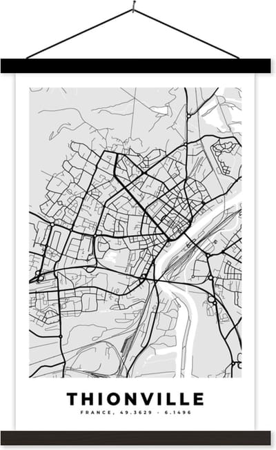 Posterhanger incl. Poster 40x60 cm - Schoolplaat - Thionville - Plattegrond - Frankrijk - Kaart - Stadskaart - Textielposter - Zwarte latten - Stadskaart