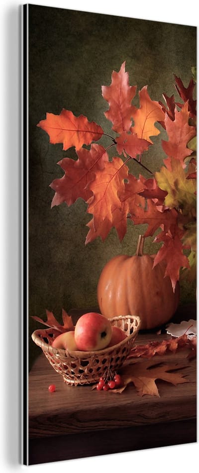 Aluminium schilderij 80x160 cm - Wanddecoratie metaal - Stilleven - Pompoen - Bladeren - Appel - Kersen - Herfst - Metalen muurdecoratie woonkamer - Decoratie industrieel - Foto op dibond - Industriële accessoires slaapkamer