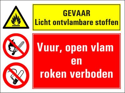 Licht ontvlambare stoffen, vuur open vlam en roken verboden sticker 280 x 210 mm
