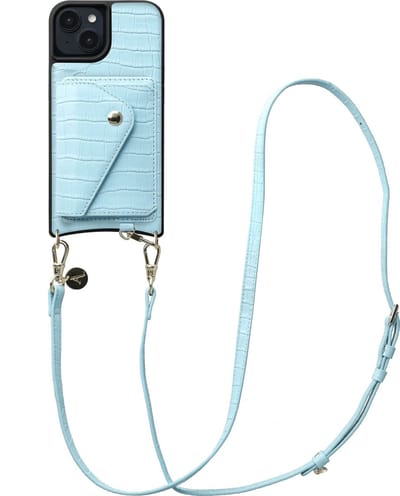 AVY Leren Hoesje geschikt voor Apple iPhone 15 | Met Koord en Kaarthouder | Compatibel met MagSafe | Leather Case met Crossbody Koord & Wallet | Long Leather | Croco Blauw