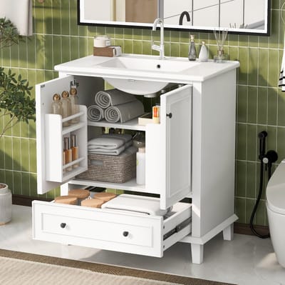 DESMIU Badkamerkast Met Wastafel - Vrijstaand Met 2 Deuren En 1 Lade - Voor Moderne Badkamer - MDF En Keramiek - 76x46x87 Cm - Wit
