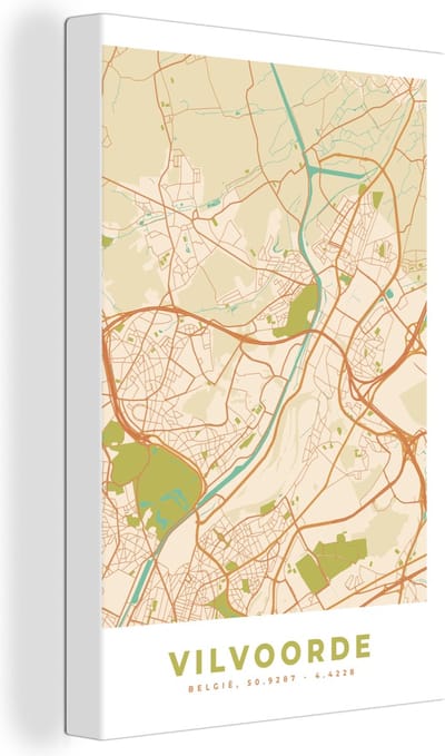 Canvas Schilderij Plattegrond - Stadskaart - Vintage - Vilvoorde - Kaart - 20x30 cm - Wanddecoratie