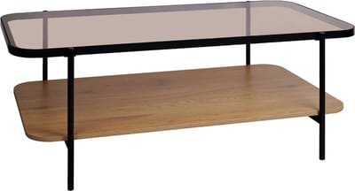 sweeek - Vintage salontafel in zwart metaal met 2 bladen (glas en houtdecor), afgeronde randen