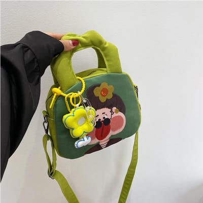 Gepersonaliseerd Grappig Illustratie Ontwerp Niche Tas Composiet Stof Kleine Vierkante Tas Graffiti Schattig Meisje Schoudertas Crossbody Tas with pendant. yellow