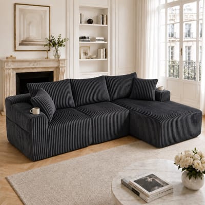 Modulaire corduroy bank met chaise longue - vrij te combineren voor woonkamer, appartement en studio - 3-4 personen - diverse kleuren - 5 kussens, drankhouders en opbergvakken - geen montage nodig