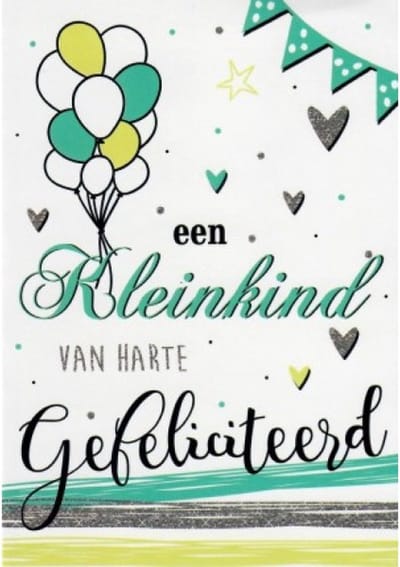 Een kleinkind! Van harte gefeliciteerd! Een feestelijke wenskaart met ballonnen, hartjes en een slinger. Een zeer geschikte kaart om bij een cadeau te voegen. Een dubbele wenskaart inclusief envelop en in folie verpakt.