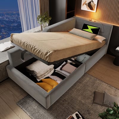 Pugsdrly Bepolsterd bed, dagbed, 90 x 190 cm, slaapbank met hydraulische opbergruimte, leeslampje en USB-C-oplaadfunctie, kinderbed, jeugdbed, bedframe met houten lattenbodem, fluweel, grijs