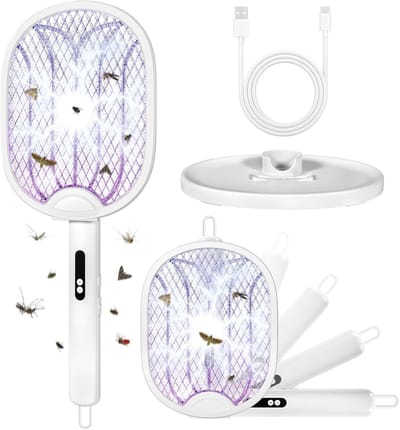 Insectenbeetheler-elektrische vliegenmepper -eletrische vliegenmepper oplaadbaar-Oplaadbare elektrische muggenmepper - Vliegenmepper met UV-lamp - Drielagig beschermingsnet - Wandmontage voor binnen/buiten - Wit