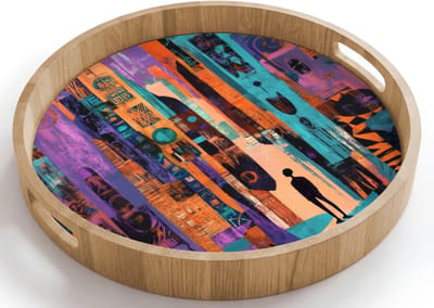 Dienblad rond 40x40 cm - Schootdienblad hout - Abstract - Figuren - Kleurrijk - Borrelplank rechthoek - Plateau houten dienbladen