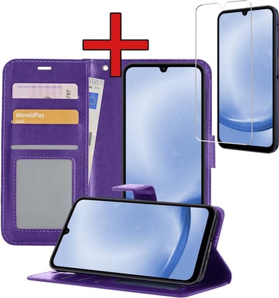 Hoesje - Met Screenprotector - Geschikt voor Samsung Galaxy A25 - Luxe Pasjeshouder - Flipcase - Bookcase Portemonee - Flip Case - Kunstleer Book Case - Book Cover - Walletcase - Portemonneehoes - Telefoonhoes - Paars