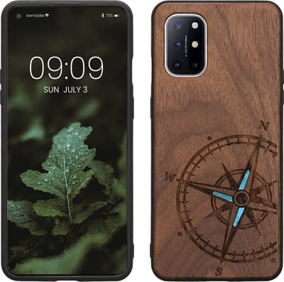 kwmobile telefoonhoesje geschikt voorOnePlus 8T - Hoesje met bumper - hout - In donkerbruin Parelmoer kompas design