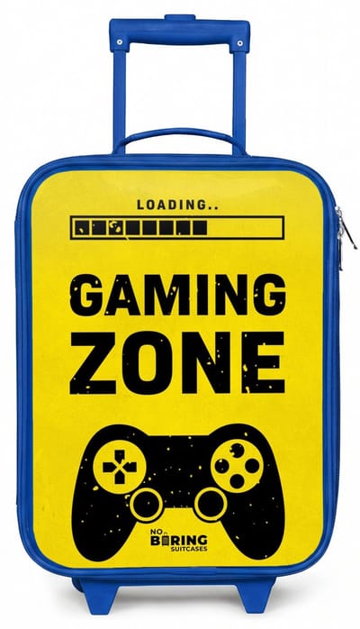 NoBoringSuitcases.com® - Kinderkoffer blauw - Kindertrolley jongen - Zwart-geel met gaming zone - Koffer kind lichtgewicht - Reiskoffer trolley voor kinderen - Koffertje met lichtgevende wieltjes - Rolkoffer