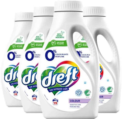 Dreft Vloeibaar Wasmiddel 0% Gekleurde Was 19 Wasbeurten - 4 x 988 ml - Voordeelverpakking