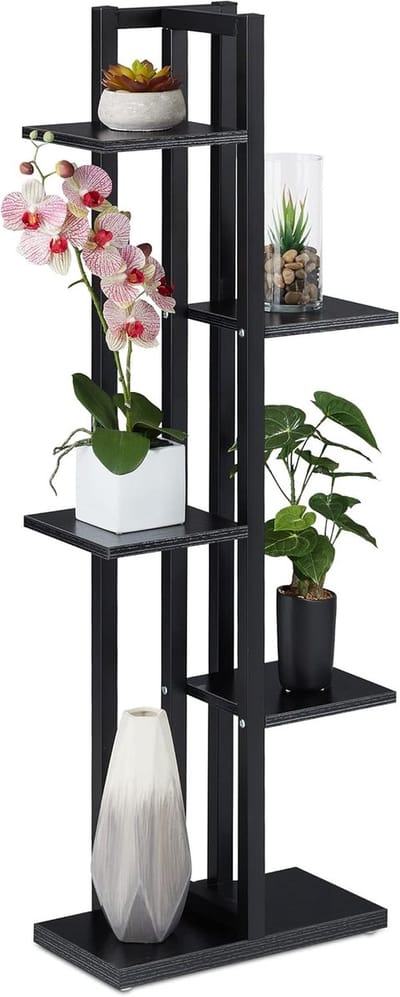 Famanu – Plantenrek met 5 etages voor binnen, woonkamer, afmetingen 117 x 43 x 22 cm, staal en MDF, grote plantentrap in zwart