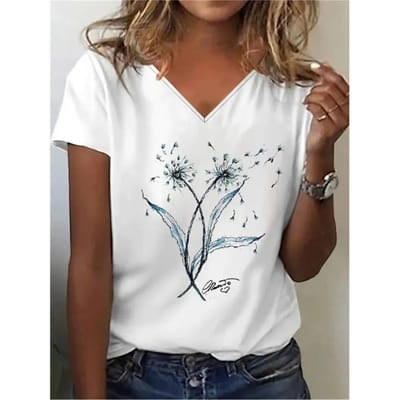 Nieuw Dames T-shirt Eenvoudige Bloem 3D Print Grote Maten Tee Zomer Dameskleding Designer Korte Mouw Dames V-Hals S gray