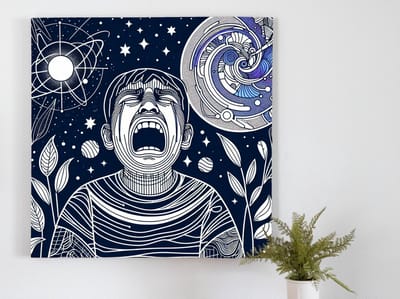 Line art huilend kind schilderij | Sierlijke tranen: een expressieve verbeelding van het kinderleed in lijnen | Kunst - 30x30 centimeter op Dibond | Foto op Dibond